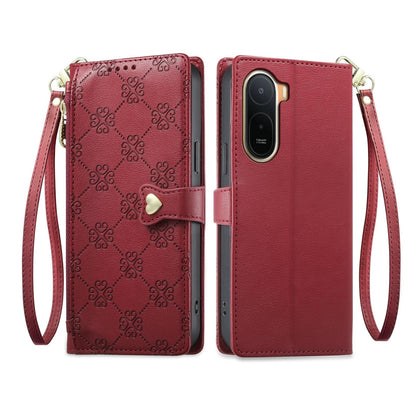 For Redmi A7 Pro 171mm / Poco C85x 5G Zipper Wallet Heart Buckle Vegan Leather Phone Case with Wrist Strap(Red)