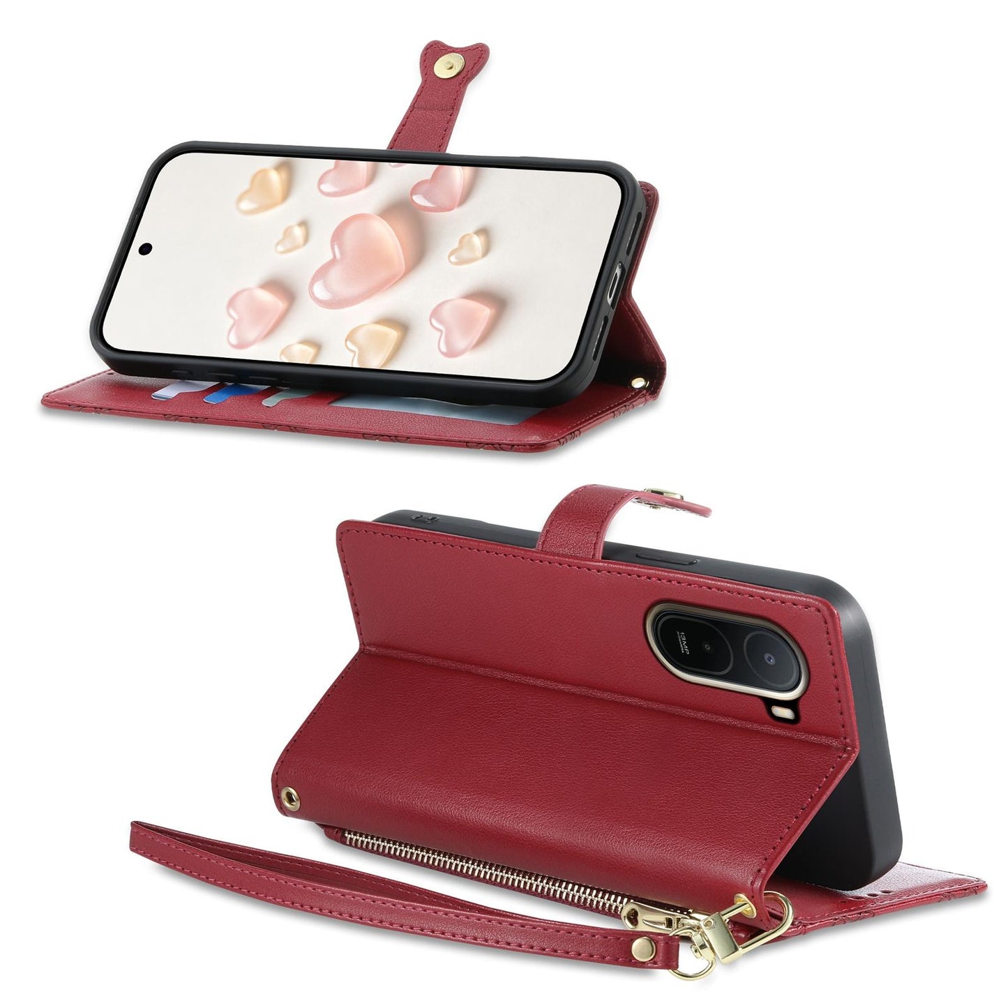 For Redmi A7 Pro 171mm / Poco C85x 5G Zipper Wallet Heart Buckle Vegan Leather Phone Case with Wrist Strap(Red)