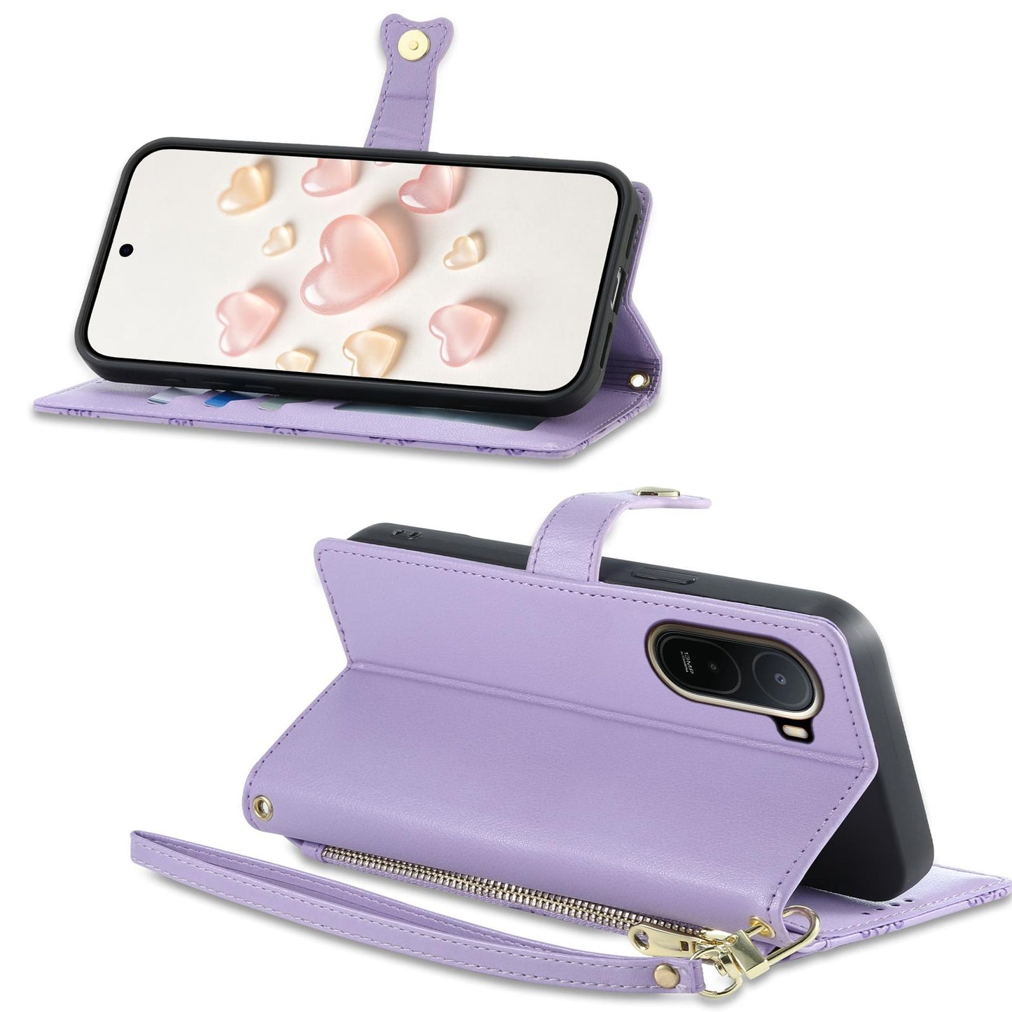 For Redmi A7 Pro 171mm / Poco C85x 5G Zipper Wallet Heart Buckle Vegan Leather Phone Case with Wrist Strap(Purple)