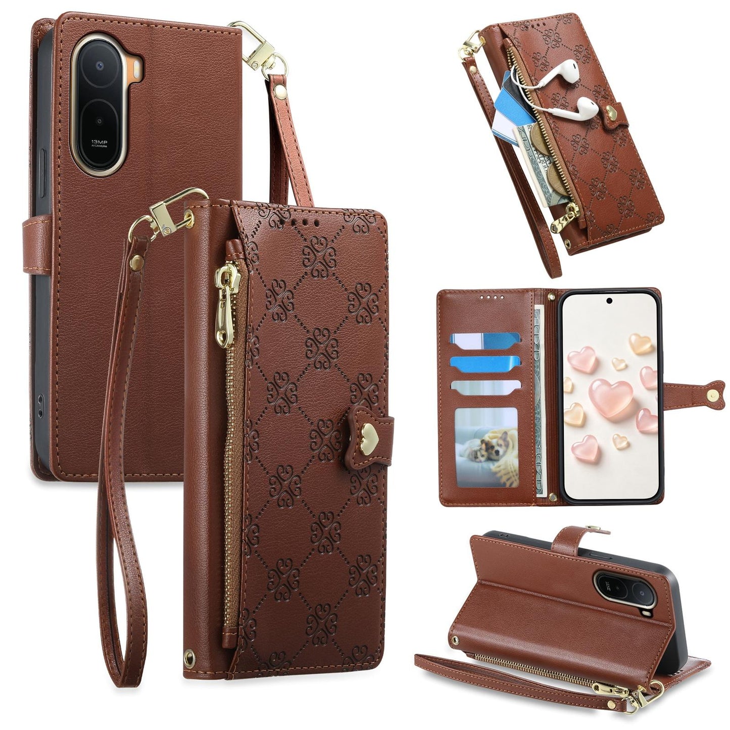 For Redmi A7 Pro 171mm / Poco C85x 5G Zipper Wallet Heart Buckle Vegan Leather Phone Case with Wrist Strap(Brown)
