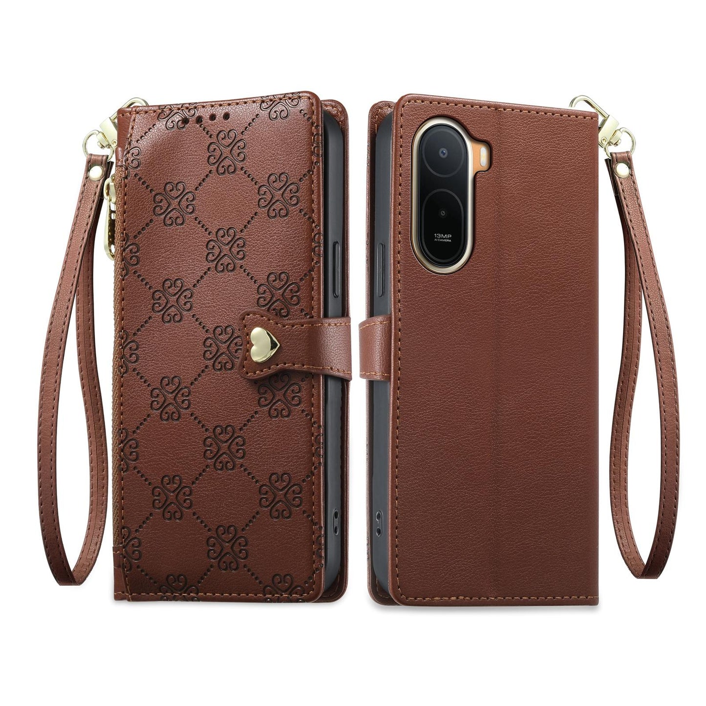 For Redmi A7 Pro 171mm / Poco C85x 5G Zipper Wallet Heart Buckle Vegan Leather Phone Case with Wrist Strap(Brown)
