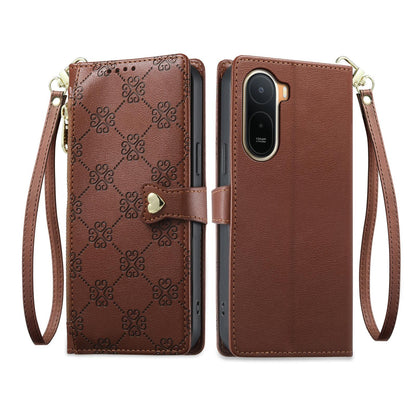 For Redmi A7 Pro 171mm / Poco C85x 5G Zipper Wallet Heart Buckle Vegan Leather Phone Case with Wrist Strap(Brown)