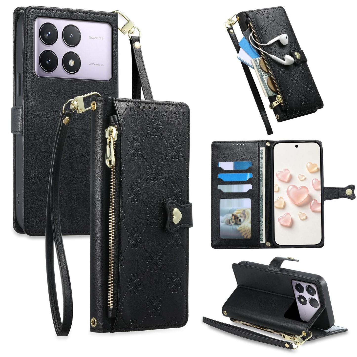 For Redmi K70 / K70 Pro / Poco F6 Pro Zipper Wallet Heart Buckle Vegan Leather Phone Case with Wrist Strap(Black)
