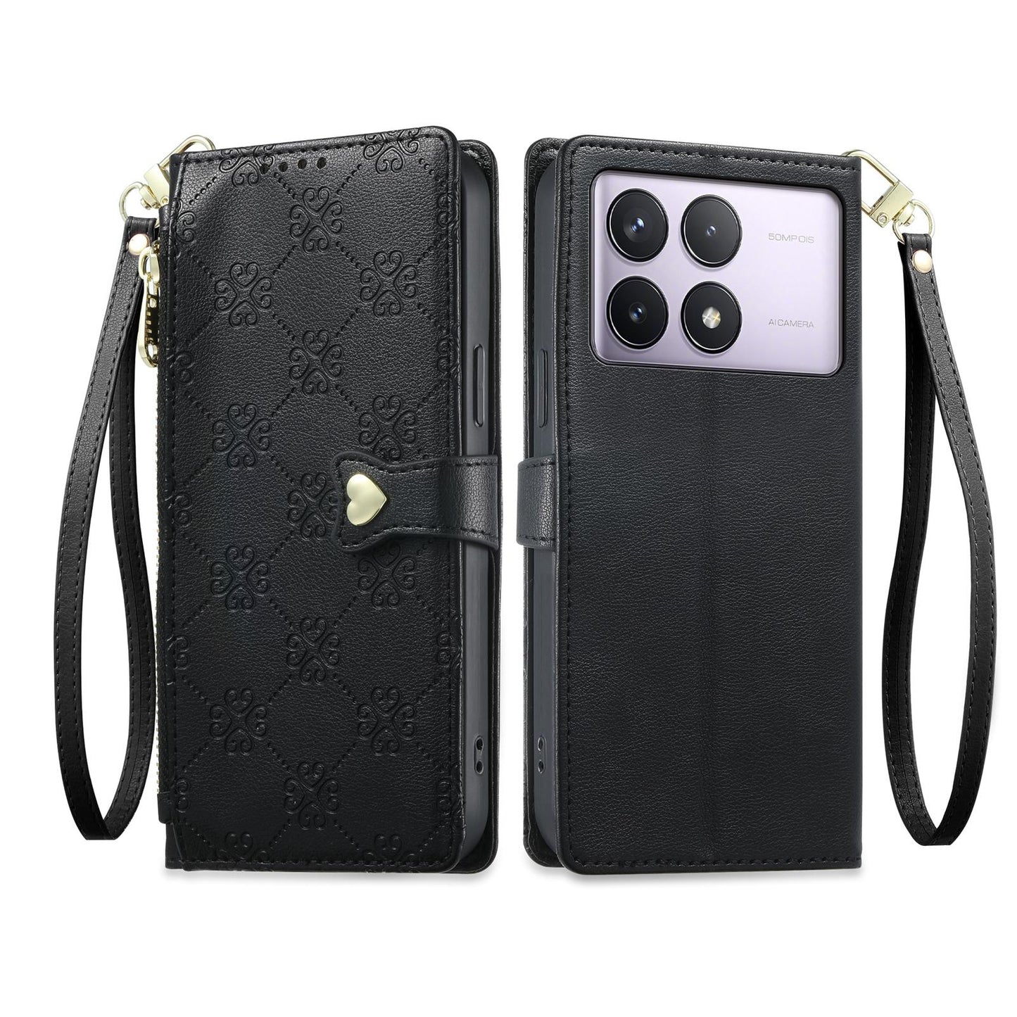 For Redmi K70 / K70 Pro / Poco F6 Pro Zipper Wallet Heart Buckle Vegan Leather Phone Case with Wrist Strap(Black)