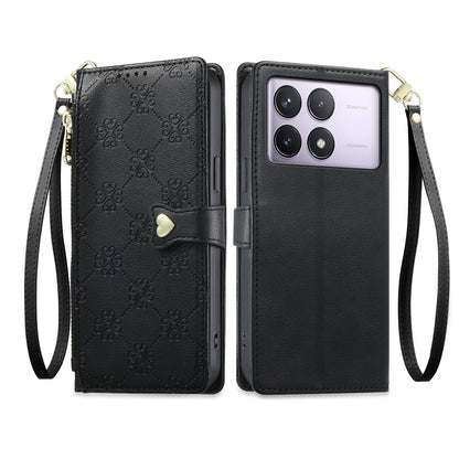 For Redmi K70 / K70 Pro / Poco F6 Pro Zipper Wallet Heart Buckle Vegan Leather Phone Case with Wrist Strap(Black)