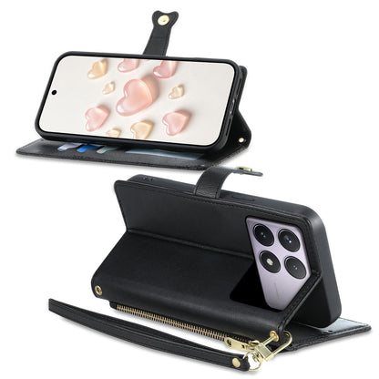 For Redmi K70 / K70 Pro / Poco F6 Pro Zipper Wallet Heart Buckle Vegan Leather Phone Case with Wrist Strap(Black)