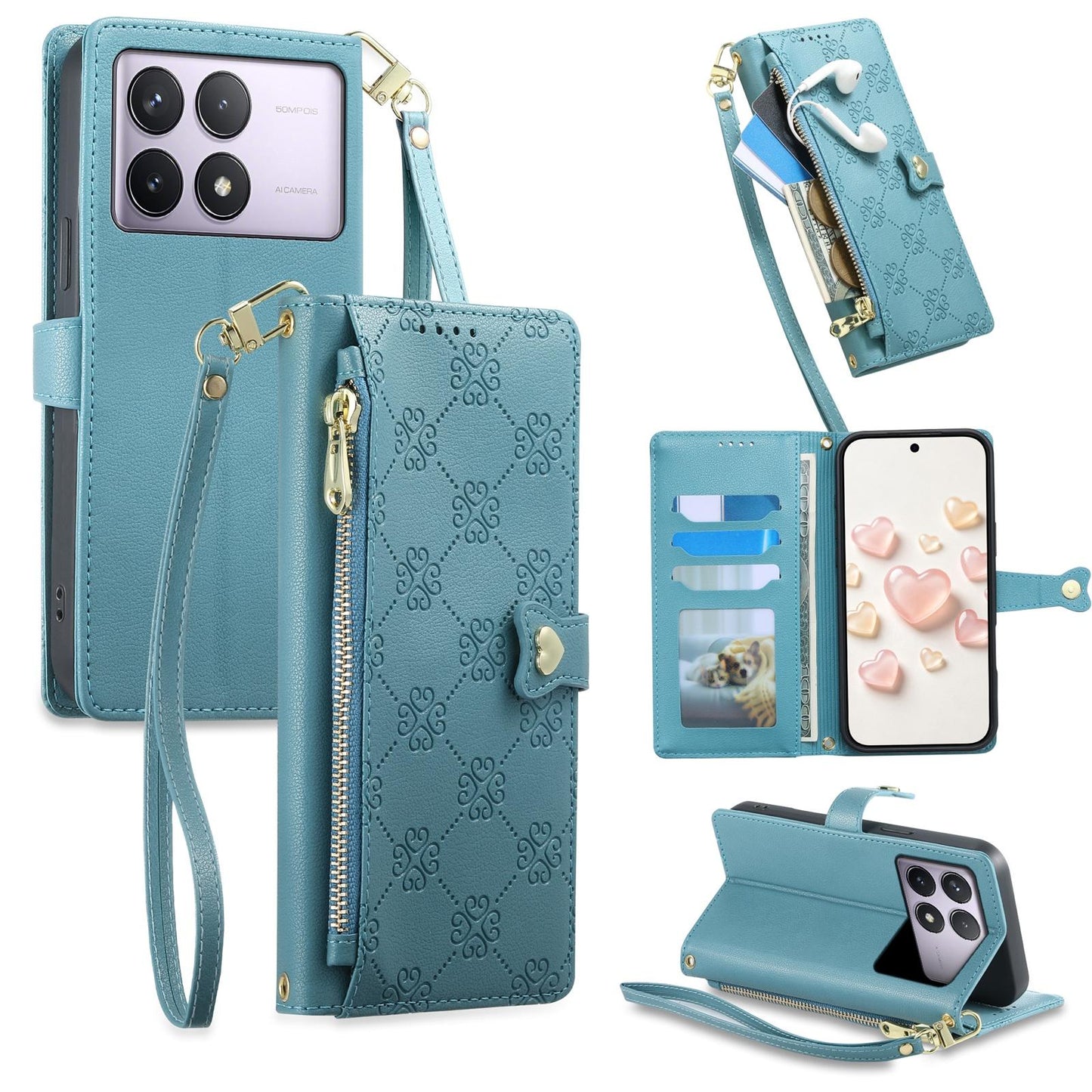 For Redmi K70 / K70 Pro / Poco F6 Pro Zipper Wallet Heart Buckle Vegan Leather Phone Case with Wrist Strap(Lake Blue)
