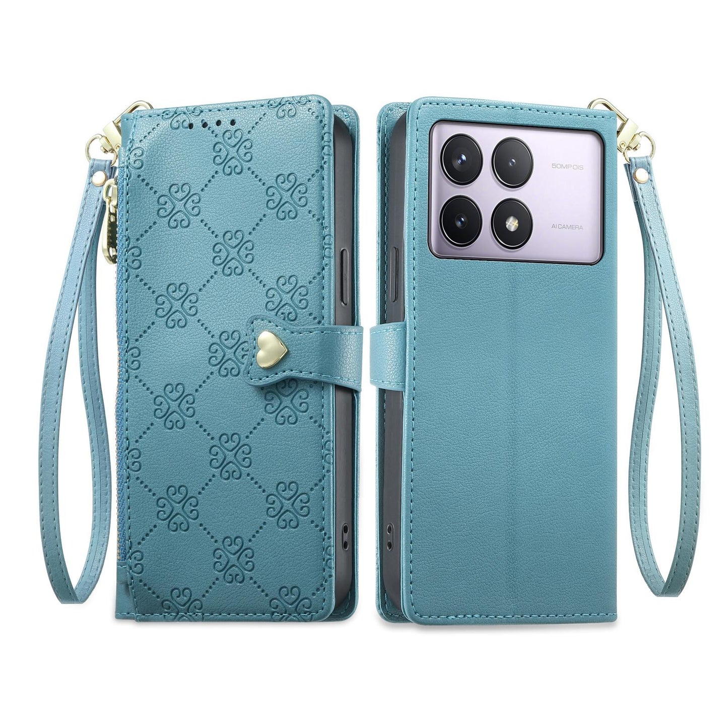 For Redmi K70 / K70 Pro / Poco F6 Pro Zipper Wallet Heart Buckle Vegan Leather Phone Case with Wrist Strap(Lake Blue)