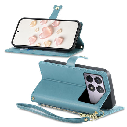 For Redmi K70 / K70 Pro / Poco F6 Pro Zipper Wallet Heart Buckle Vegan Leather Phone Case with Wrist Strap(Lake Blue)