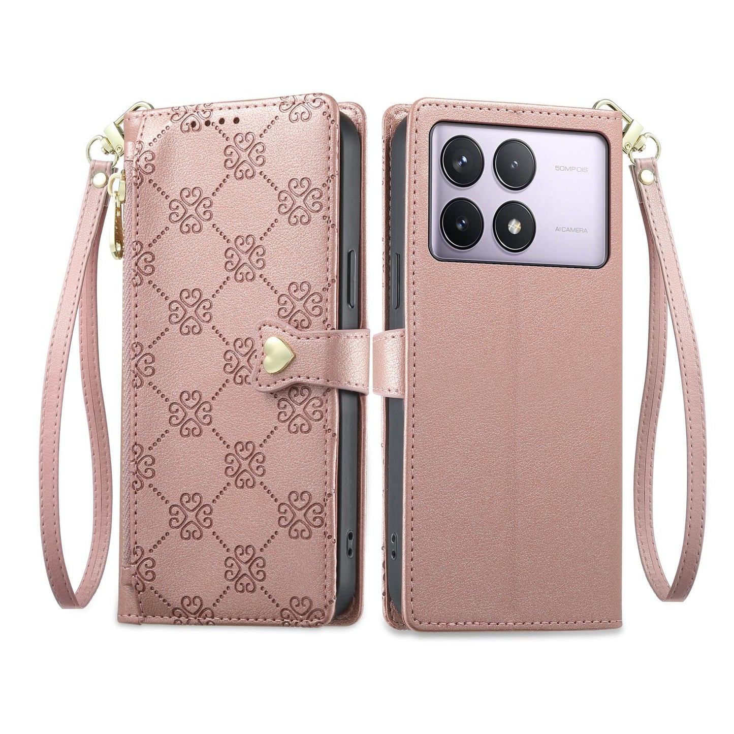 For Redmi K70 / K70 Pro / Poco F6 Pro Zipper Wallet Heart Buckle Vegan Leather Phone Case with Wrist Strap(Pink)