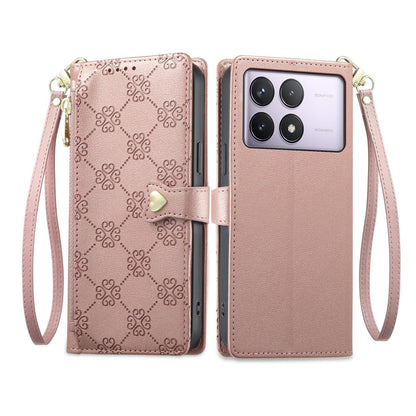 For Redmi K70 / K70 Pro / Poco F6 Pro Zipper Wallet Heart Buckle Vegan Leather Phone Case with Wrist Strap(Pink)