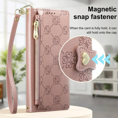 For Redmi K70 / K70 Pro / Poco F6 Pro Zipper Wallet Heart Buckle Vegan Leather Phone Case with Wrist Strap(Pink)