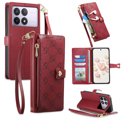 For Redmi K70 / K70 Pro / Poco F6 Pro Zipper Wallet Heart Buckle Vegan Leather Phone Case with Wrist Strap(Red)
