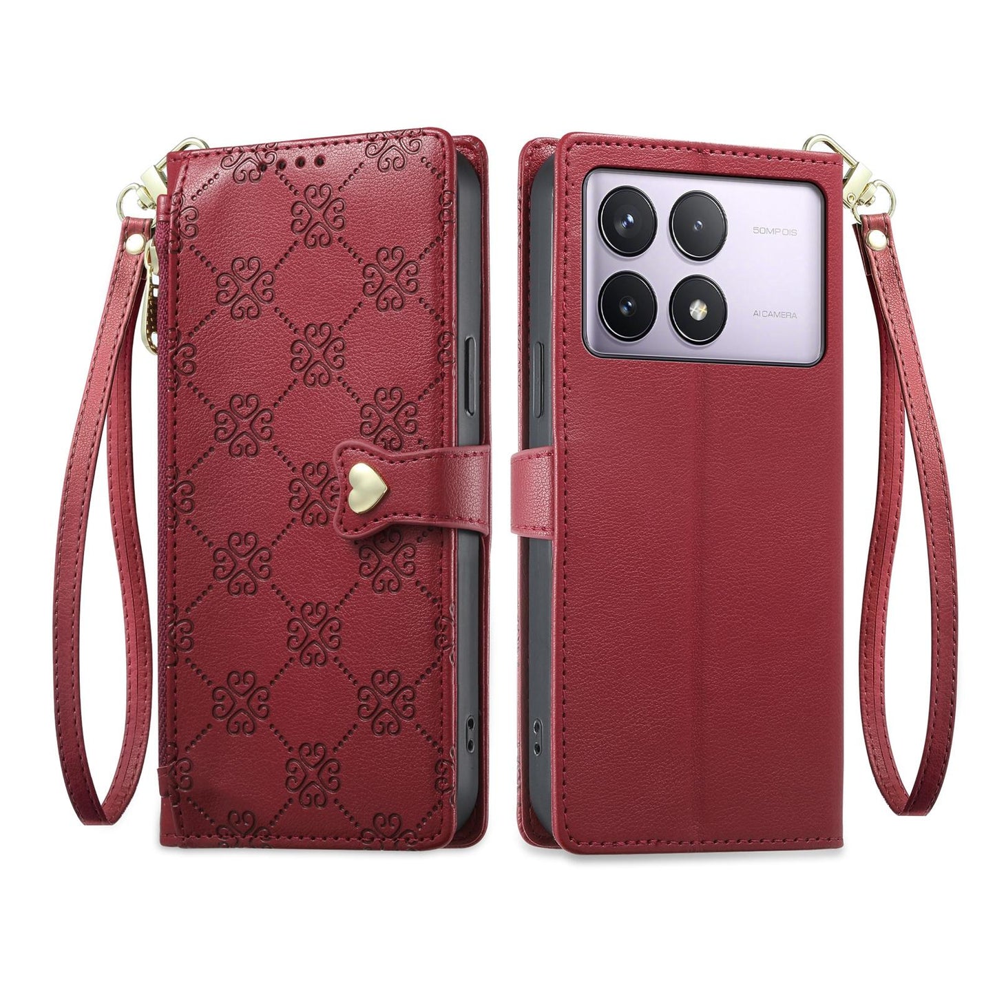 For Redmi K70 / K70 Pro / Poco F6 Pro Zipper Wallet Heart Buckle Vegan Leather Phone Case with Wrist Strap(Red)