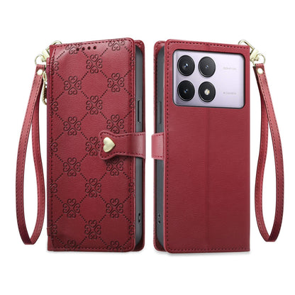 For Redmi K70 / K70 Pro / Poco F6 Pro Zipper Wallet Heart Buckle Vegan Leather Phone Case with Wrist Strap(Red)