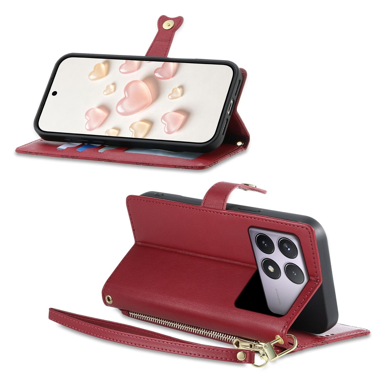 For Redmi K70 / K70 Pro / Poco F6 Pro Zipper Wallet Heart Buckle Vegan Leather Phone Case with Wrist Strap(Red)