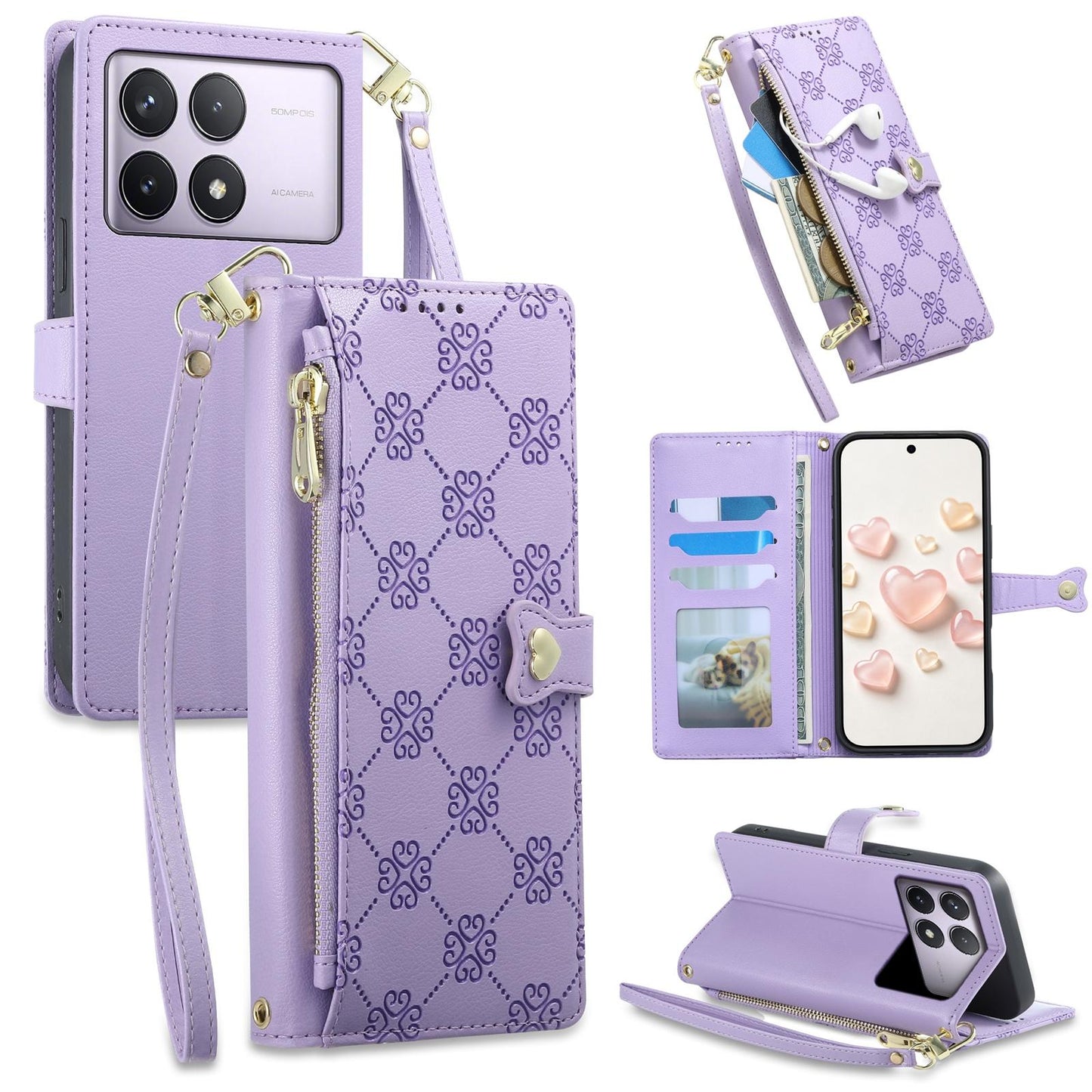 For Redmi K70 / K70 Pro / Poco F6 Pro Zipper Wallet Heart Buckle Vegan Leather Phone Case with Wrist Strap(Purple)