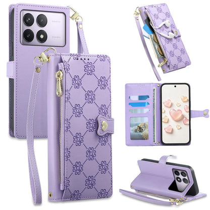 For Redmi K70 / K70 Pro / Poco F6 Pro Zipper Wallet Heart Buckle Vegan Leather Phone Case with Wrist Strap(Purple)