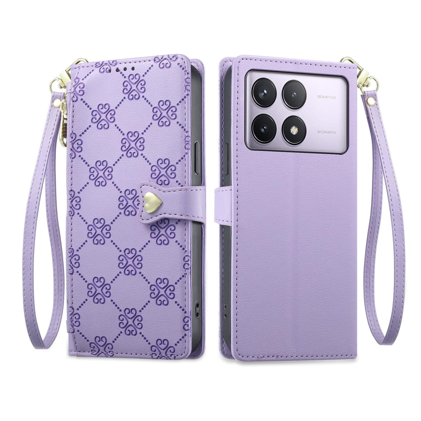For Redmi K70 / K70 Pro / Poco F6 Pro Zipper Wallet Heart Buckle Vegan Leather Phone Case with Wrist Strap(Purple)