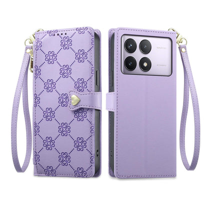 For Redmi K70 / K70 Pro / Poco F6 Pro Zipper Wallet Heart Buckle Vegan Leather Phone Case with Wrist Strap(Purple)