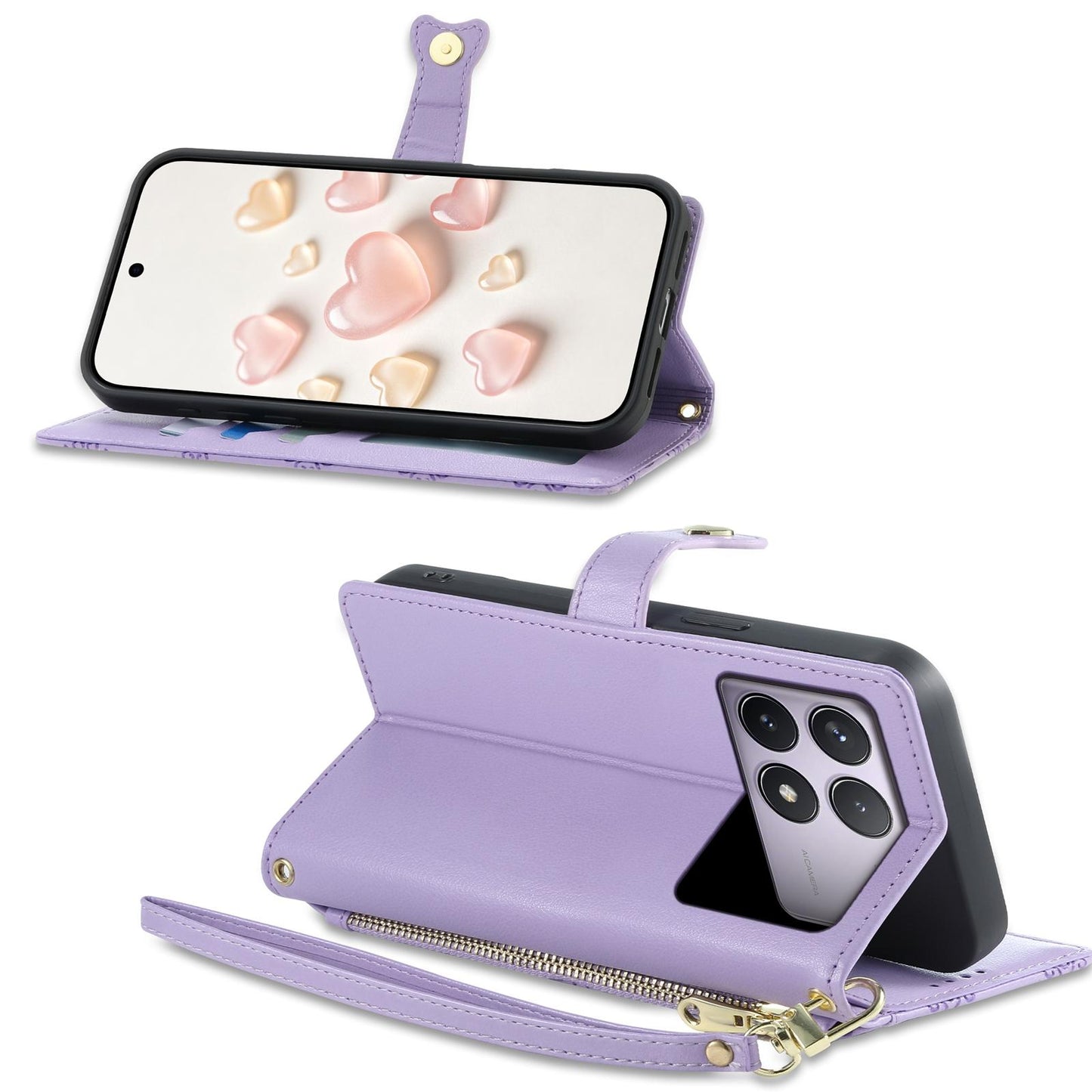 For Redmi K70 / K70 Pro / Poco F6 Pro Zipper Wallet Heart Buckle Vegan Leather Phone Case with Wrist Strap(Purple)