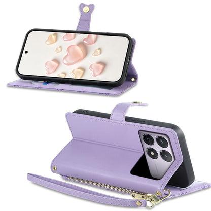 For Redmi K70 / K70 Pro / Poco F6 Pro Zipper Wallet Heart Buckle Vegan Leather Phone Case with Wrist Strap(Purple)