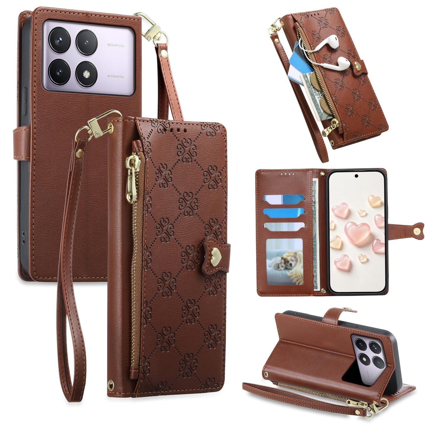 For Redmi K70 / K70 Pro / Poco F6 Pro Zipper Wallet Heart Buckle Vegan Leather Phone Case with Wrist Strap(Brown)