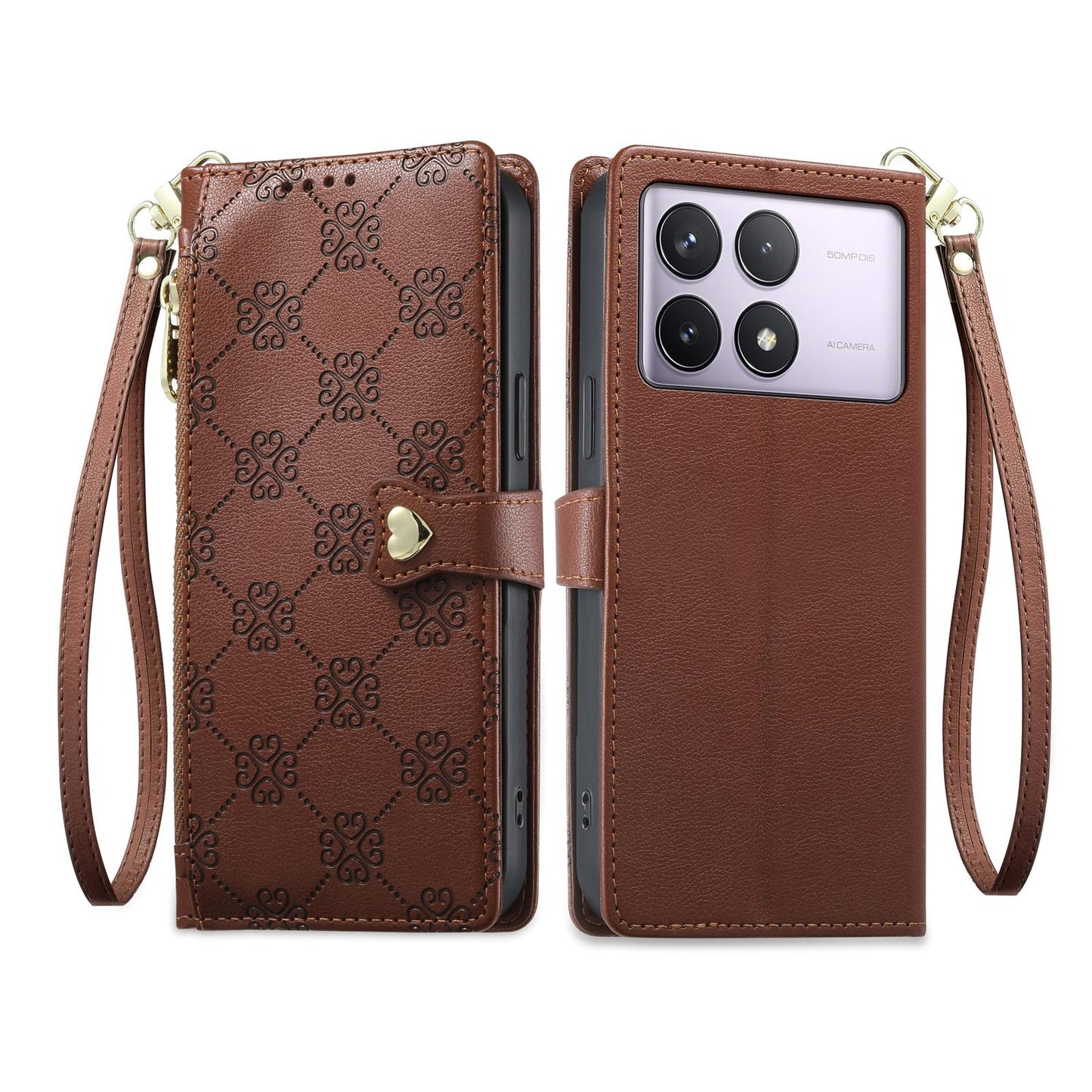 For Redmi K70 / K70 Pro / Poco F6 Pro Zipper Wallet Heart Buckle Vegan Leather Phone Case with Wrist Strap(Brown)