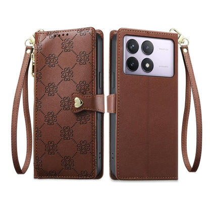 For Redmi K70 / K70 Pro / Poco F6 Pro Zipper Wallet Heart Buckle Vegan Leather Phone Case with Wrist Strap(Brown)
