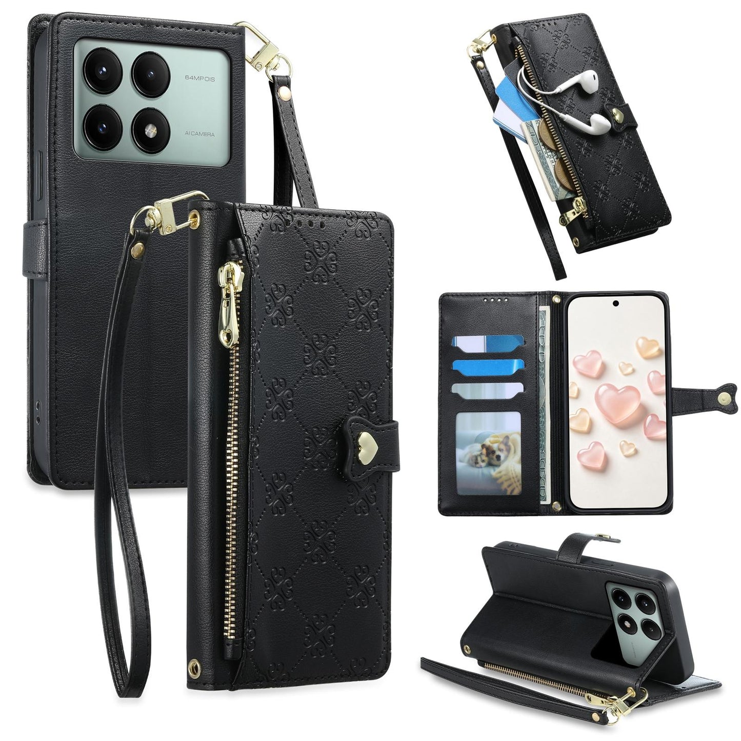 For Redmi K70E / Poco X6 Pro Zipper Wallet Heart Buckle Vegan Leather Phone Case with Wrist Strap(Black)