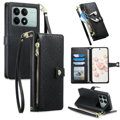 For Redmi K70E / Poco X6 Pro Zipper Wallet Heart Buckle Vegan Leather Phone Case with Wrist Strap(Black)