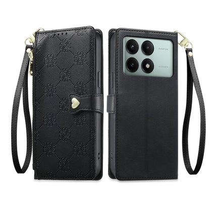 For Redmi K70E / Poco X6 Pro Zipper Wallet Heart Buckle Vegan Leather Phone Case with Wrist Strap(Black)