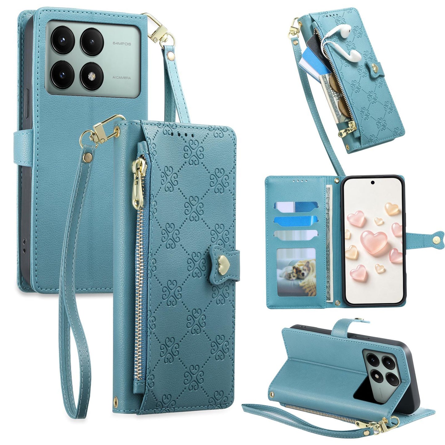 For Redmi K70E / Poco X6 Pro Zipper Wallet Heart Buckle Vegan Leather Phone Case with Wrist Strap(Lake Blue)