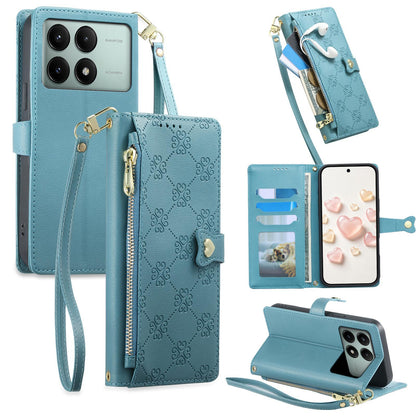 For Redmi K70E / Poco X6 Pro Zipper Wallet Heart Buckle Vegan Leather Phone Case with Wrist Strap(Lake Blue)