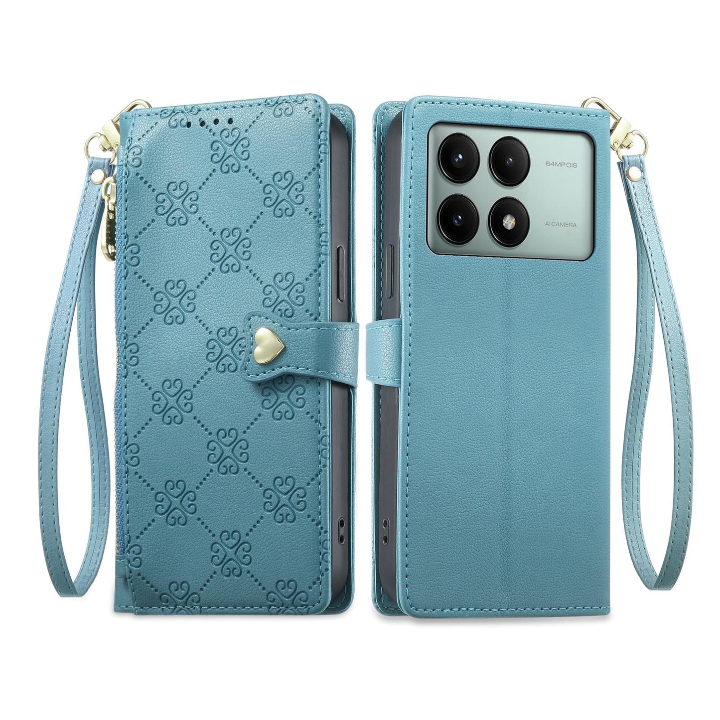 For Redmi K70E / Poco X6 Pro Zipper Wallet Heart Buckle Vegan Leather Phone Case with Wrist Strap(Lake Blue)