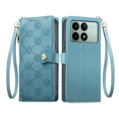For Redmi K70E / Poco X6 Pro Zipper Wallet Heart Buckle Vegan Leather Phone Case with Wrist Strap(Lake Blue)