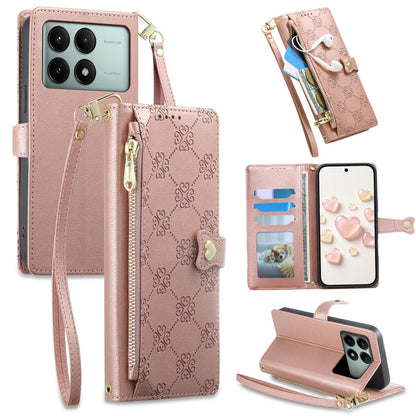 For Redmi K70E / Poco X6 Pro Zipper Wallet Heart Buckle Vegan Leather Phone Case with Wrist Strap(Pink)