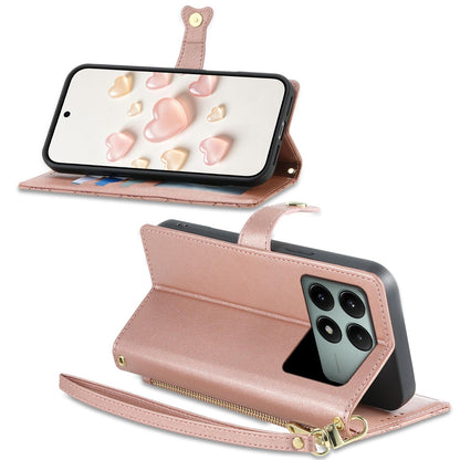 For Redmi K70E / Poco X6 Pro Zipper Wallet Heart Buckle Vegan Leather Phone Case with Wrist Strap(Pink)