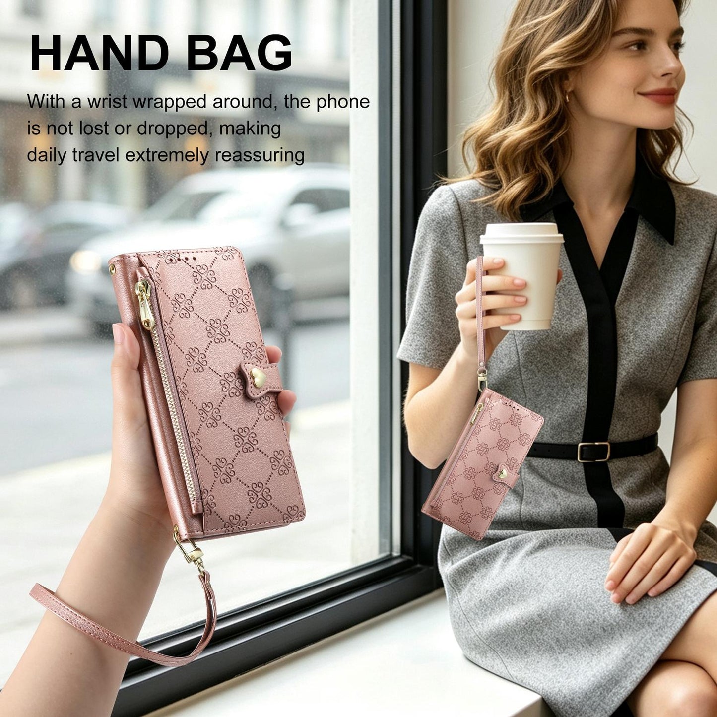 For Redmi K70E / Poco X6 Pro Zipper Wallet Heart Buckle Vegan Leather Phone Case with Wrist Strap(Pink)