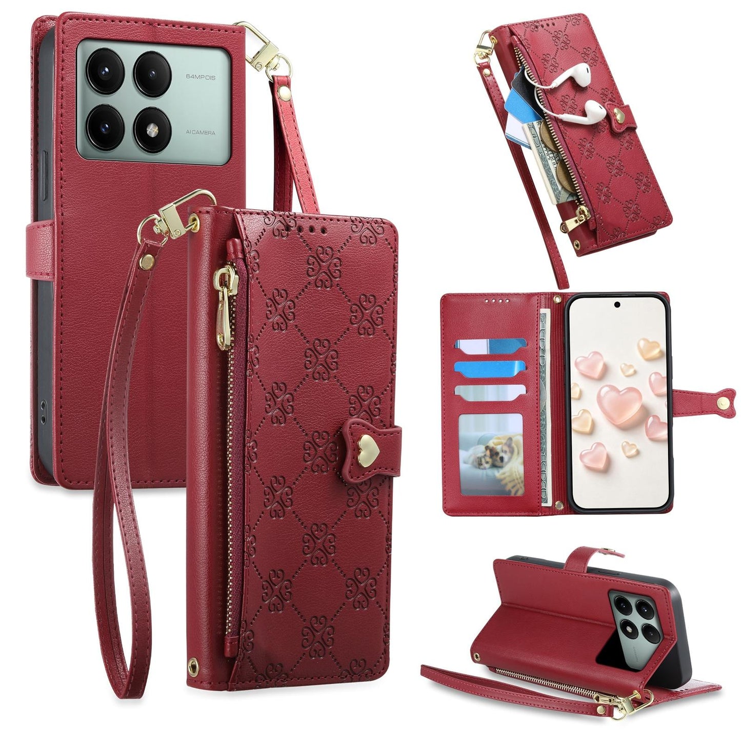 For Redmi K70E / Poco X6 Pro Zipper Wallet Heart Buckle Vegan Leather Phone Case with Wrist Strap(Red)