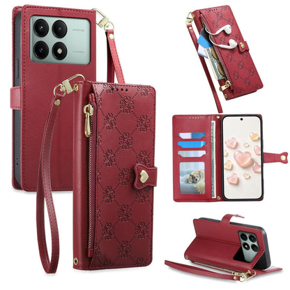 For Redmi K70E / Poco X6 Pro Zipper Wallet Heart Buckle Vegan Leather Phone Case with Wrist Strap(Red)