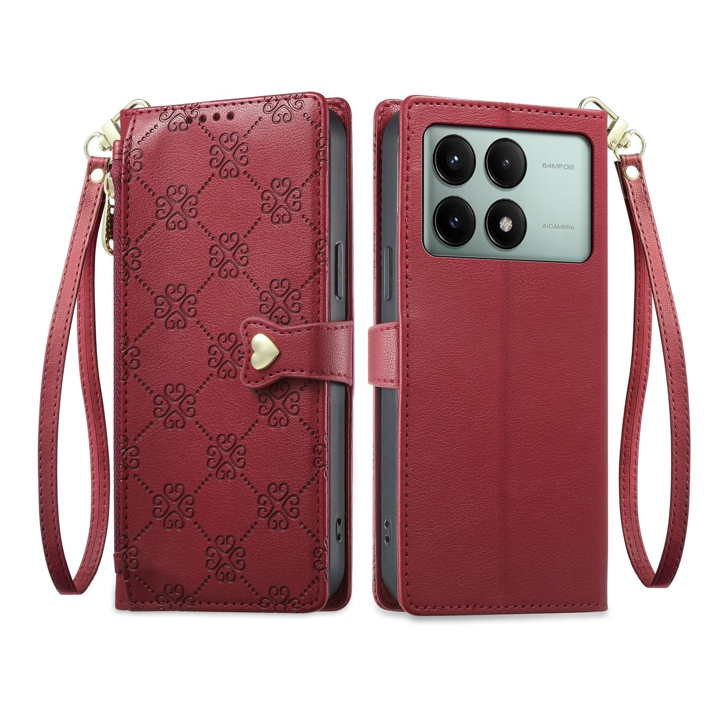 For Redmi K70E / Poco X6 Pro Zipper Wallet Heart Buckle Vegan Leather Phone Case with Wrist Strap(Red)