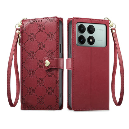 For Redmi K70E / Poco X6 Pro Zipper Wallet Heart Buckle Vegan Leather Phone Case with Wrist Strap(Red)