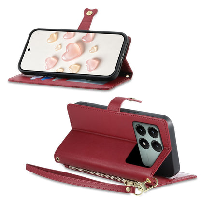 For Redmi K70E / Poco X6 Pro Zipper Wallet Heart Buckle Vegan Leather Phone Case with Wrist Strap(Red)
