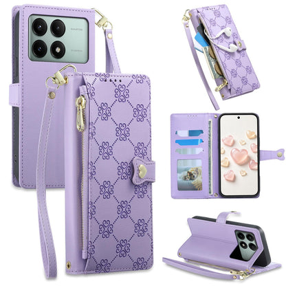 For Redmi K70E / Poco X6 Pro Zipper Wallet Heart Buckle Vegan Leather Phone Case with Wrist Strap(Purple)