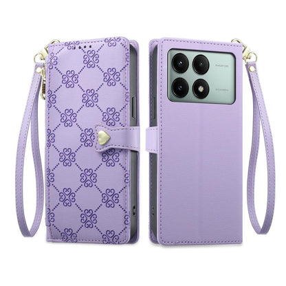For Redmi K70E / Poco X6 Pro Zipper Wallet Heart Buckle Vegan Leather Phone Case with Wrist Strap(Purple)