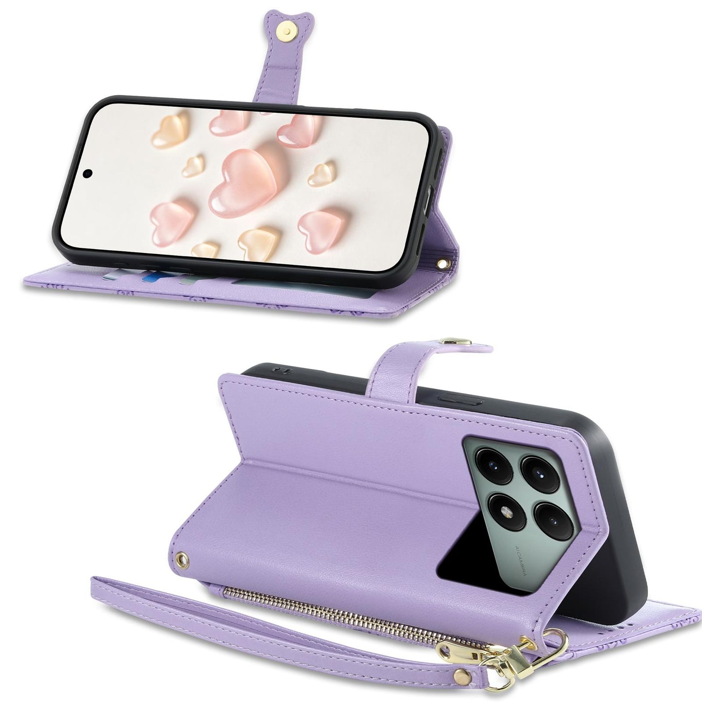For Redmi K70E / Poco X6 Pro Zipper Wallet Heart Buckle Vegan Leather Phone Case with Wrist Strap(Purple)
