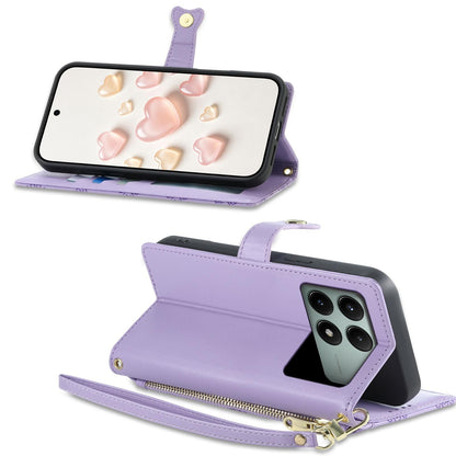 For Redmi K70E / Poco X6 Pro Zipper Wallet Heart Buckle Vegan Leather Phone Case with Wrist Strap(Purple)