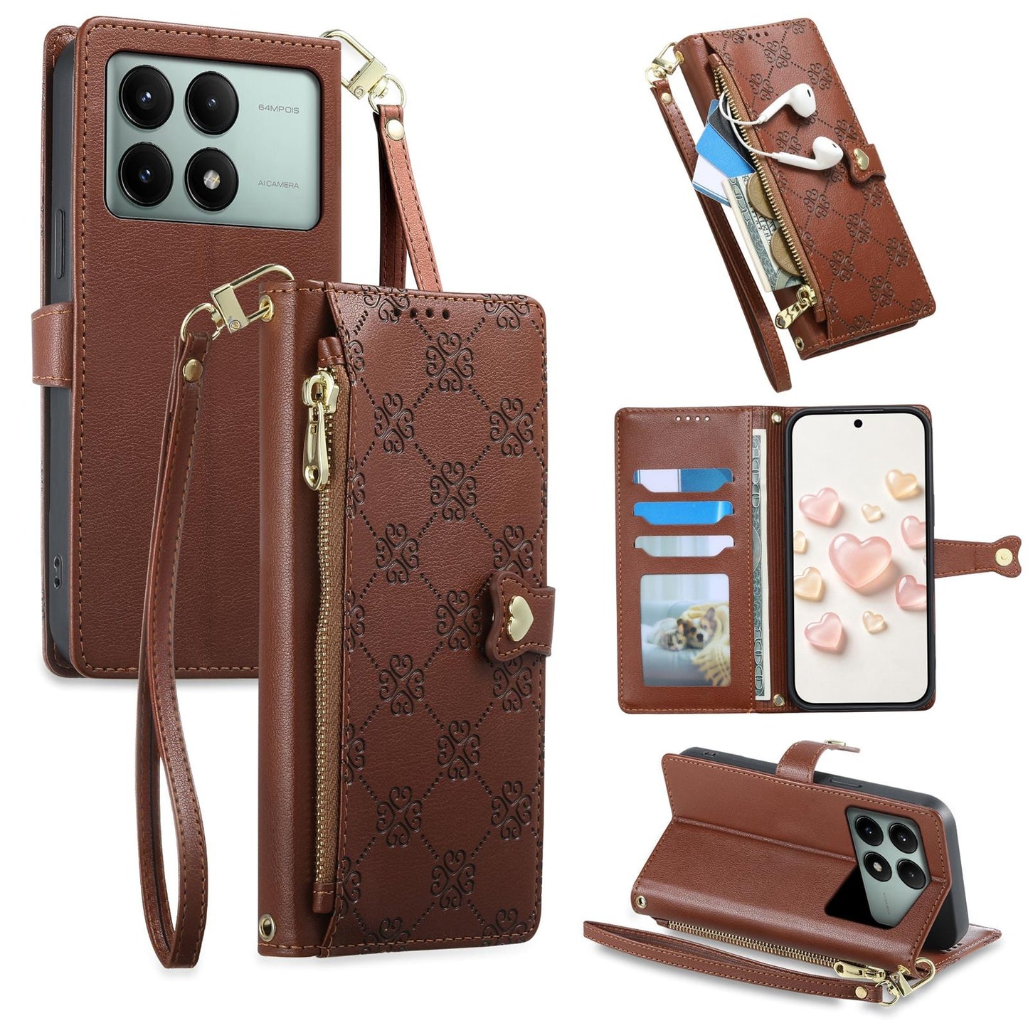 For Redmi K70E / Poco X6 Pro Zipper Wallet Heart Buckle Vegan Leather Phone Case with Wrist Strap(Brown)