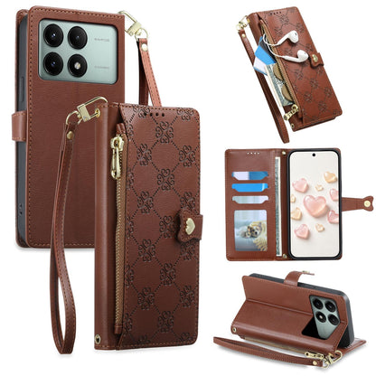 For Redmi K70E / Poco X6 Pro Zipper Wallet Heart Buckle Vegan Leather Phone Case with Wrist Strap(Brown)